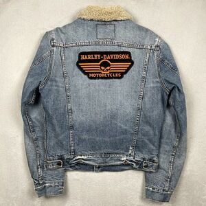 Abercrombie & Fitch Denim Trucker Jacket Men Medium Sherpa Harley Davidson Skull